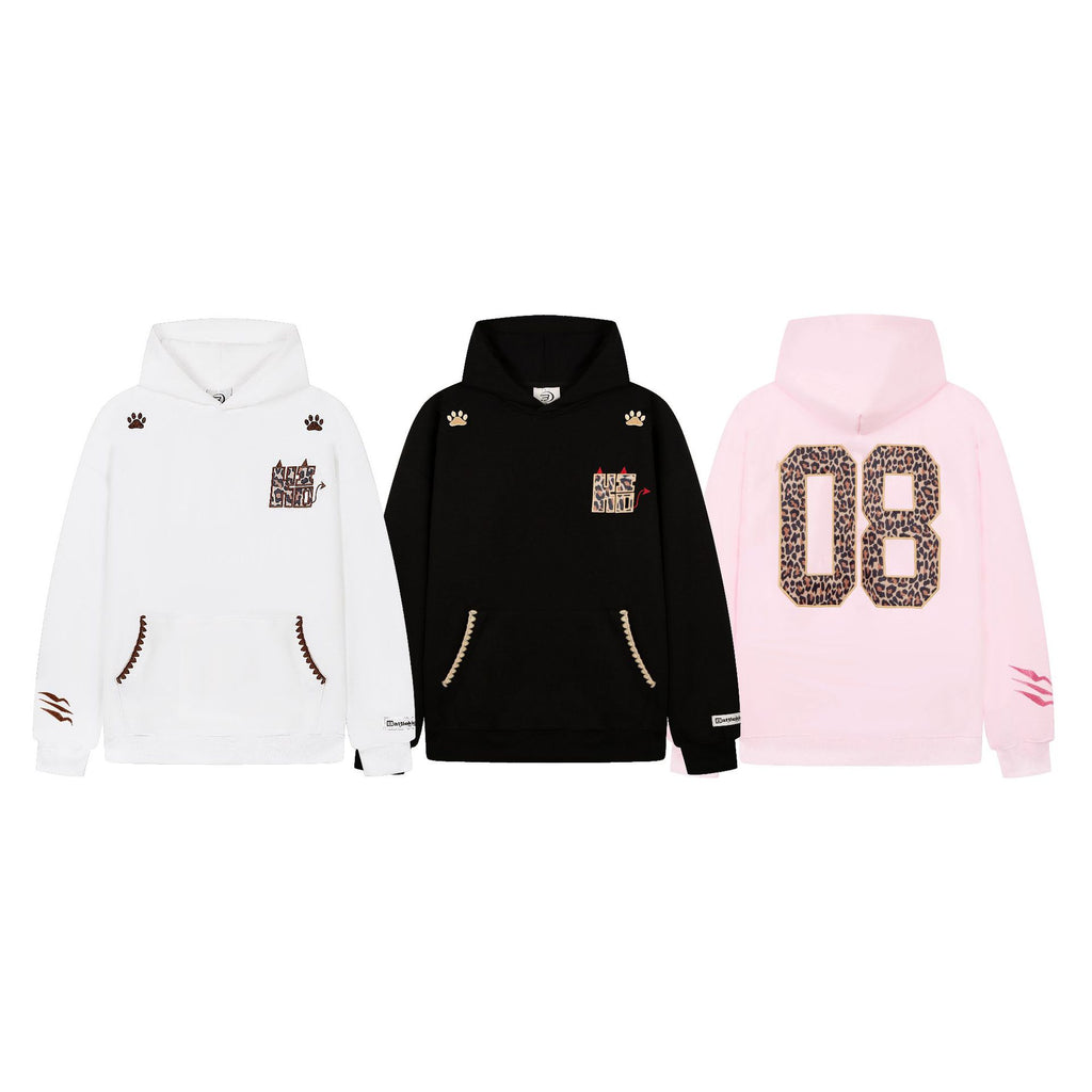 Leopard Print Number Patch Drop Shoulder Oversized Casual Hooded Pullover Sweatshirt for Women
