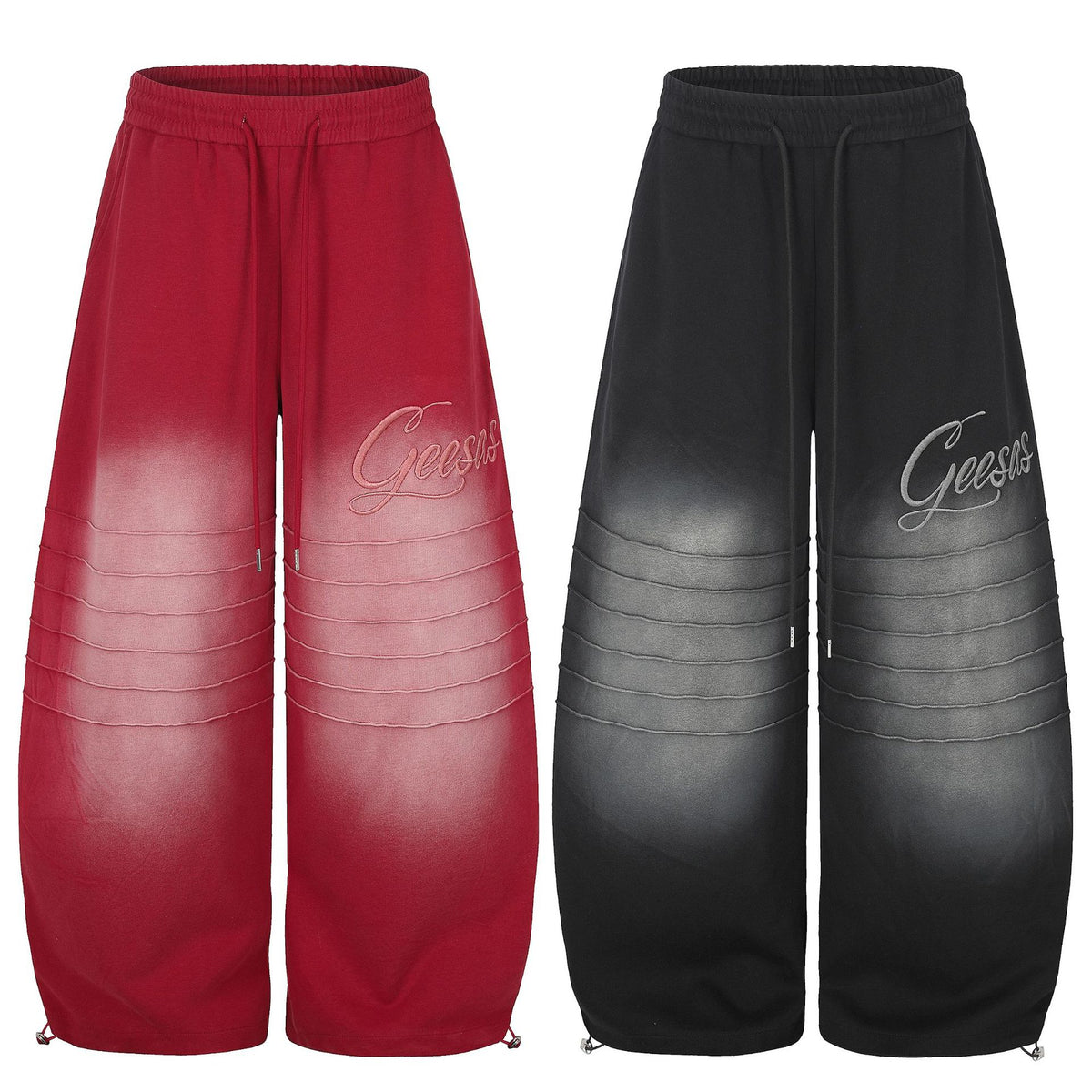 Gradient Distressed Pleated Letter Embroidery Drawstring Wide Leg Sweatpants