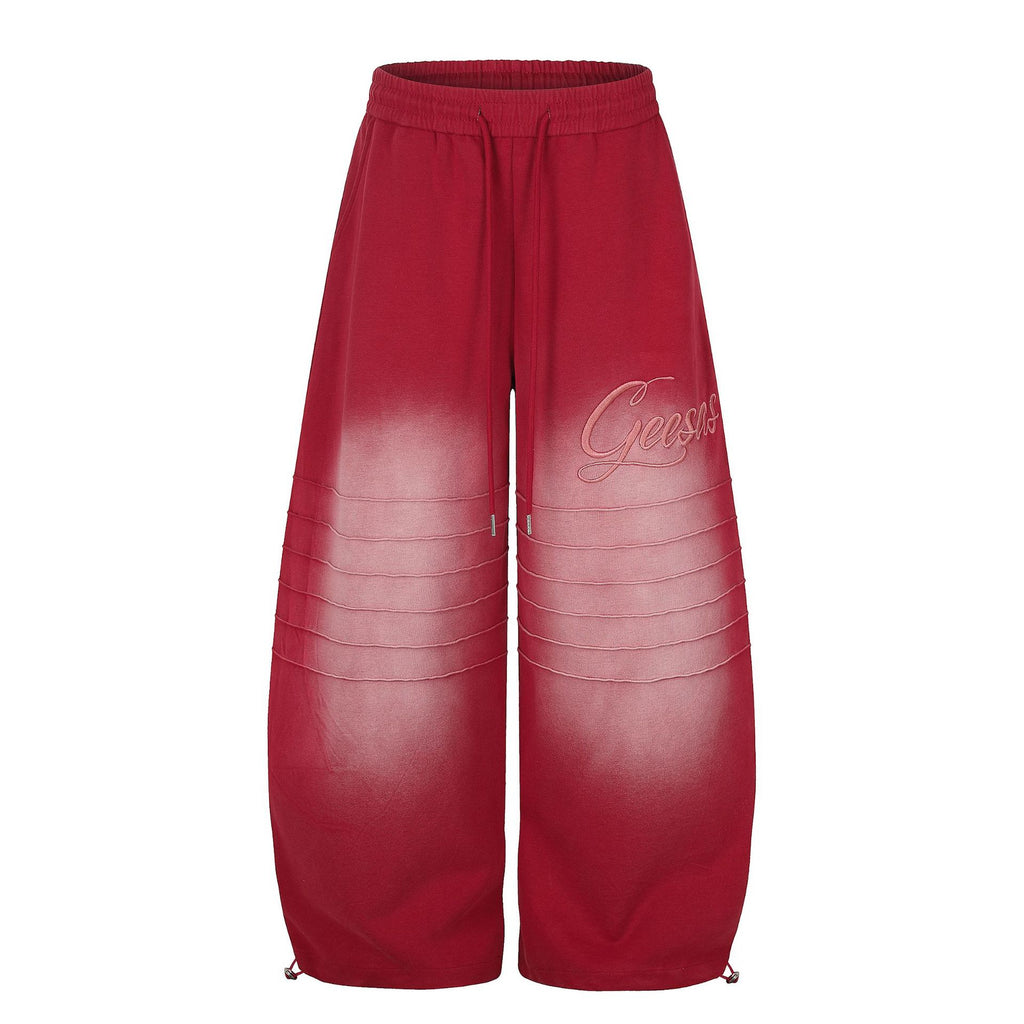 Gradient Distressed Pleated Letter Embroidery Drawstring Wide Leg Sweatpants
