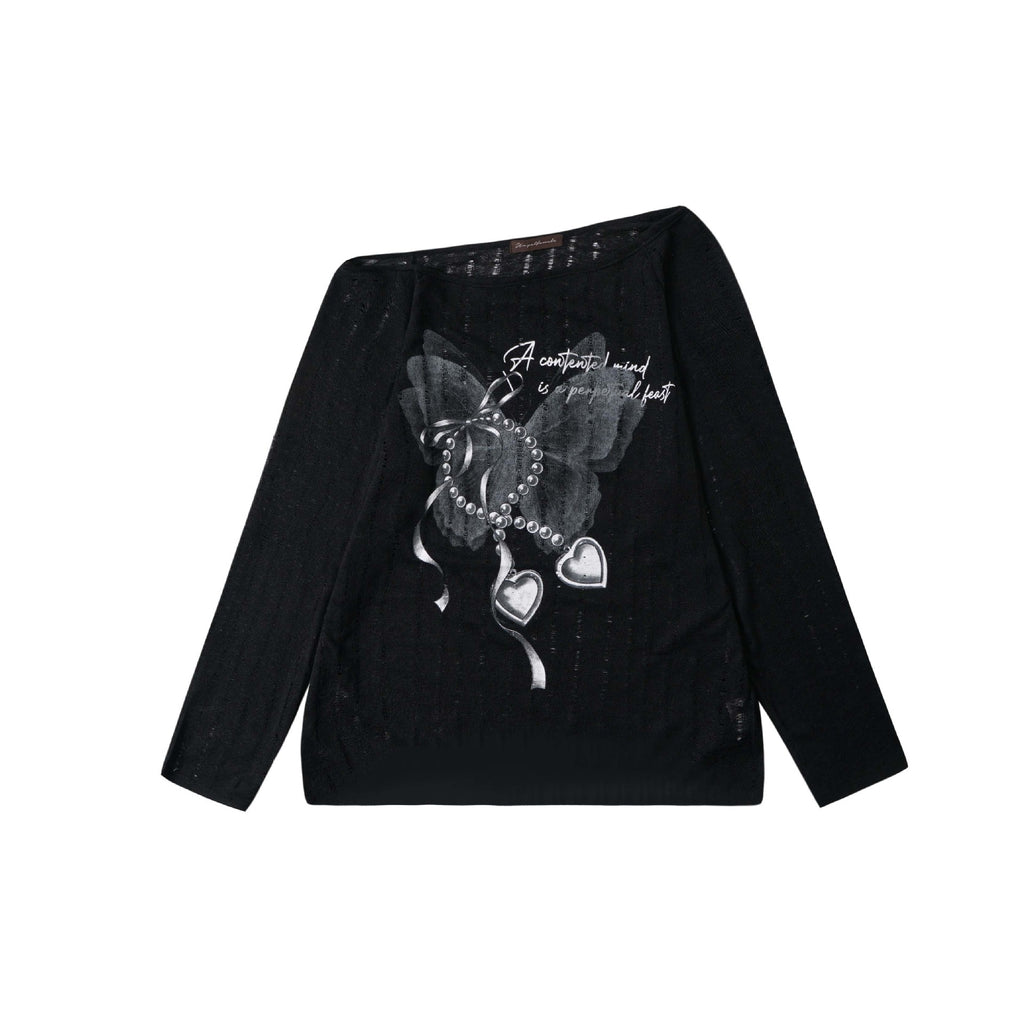 Heart Print Long Sleeve Asymmetric Neckline T-Shirt