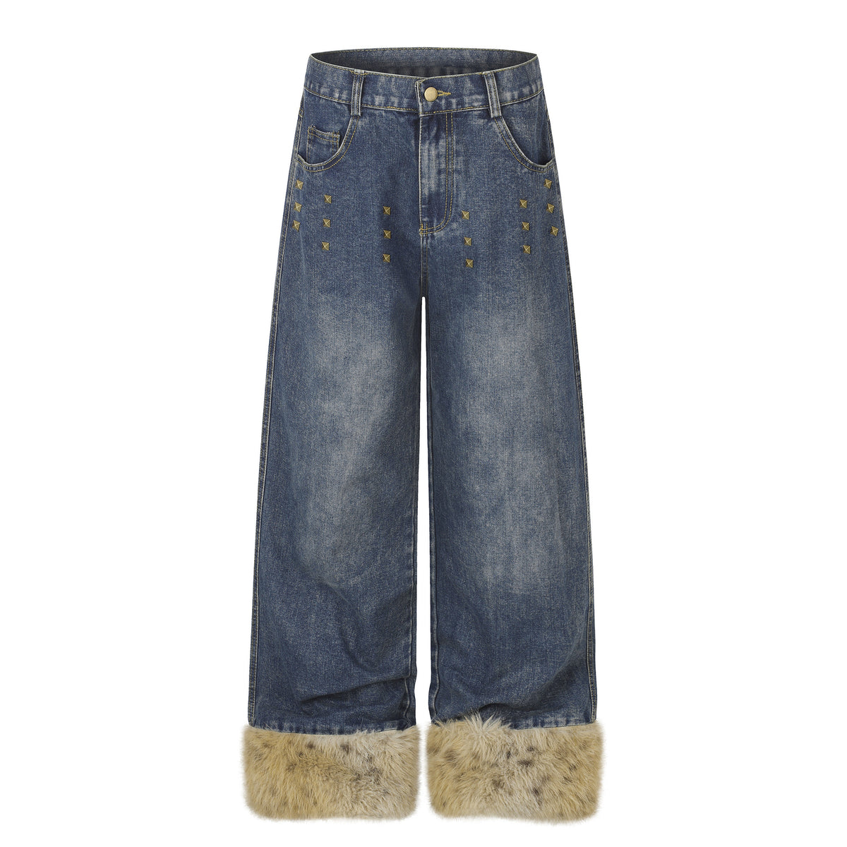 Jeans a Gamba Larga Vita Alta Distressed con Rivetti – Donna