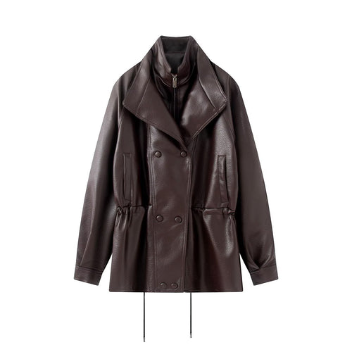 Double layered collar drawstring waist cinching double row button leather jacket for women