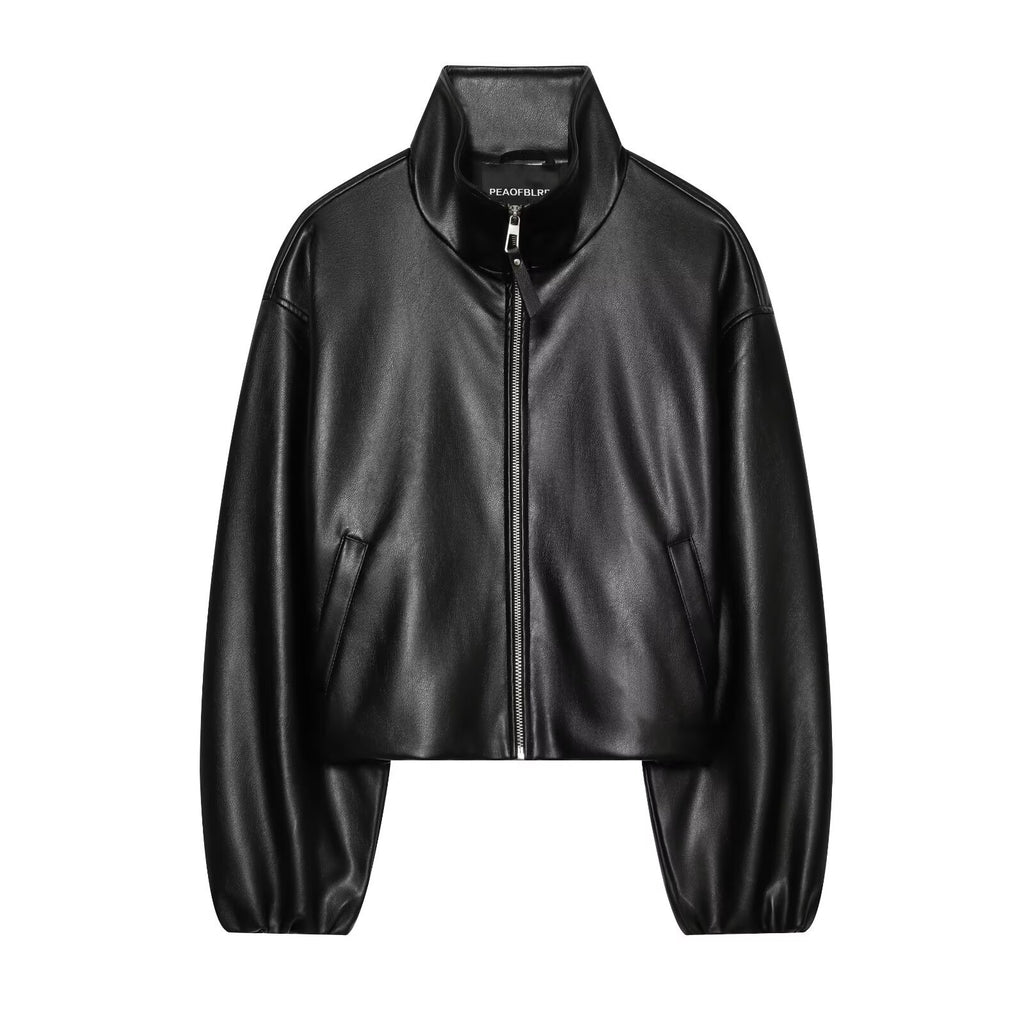 Pocket zipper stand up collar long sleeved leather jacket for women