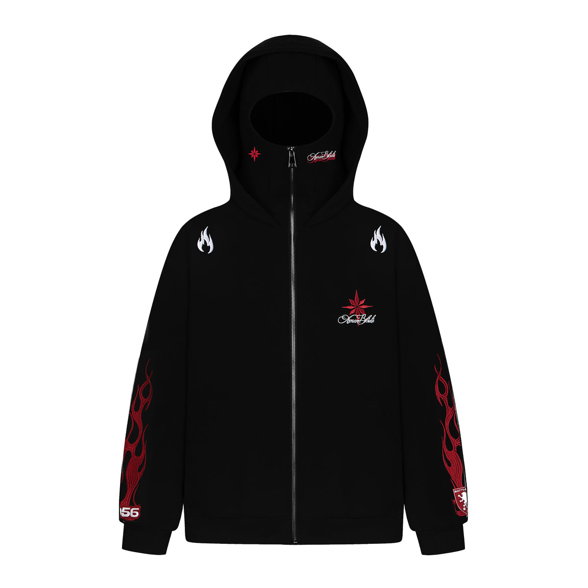 Embroidered Zip-Up Hoodie Jacket with Face Covering Hood for Men Women