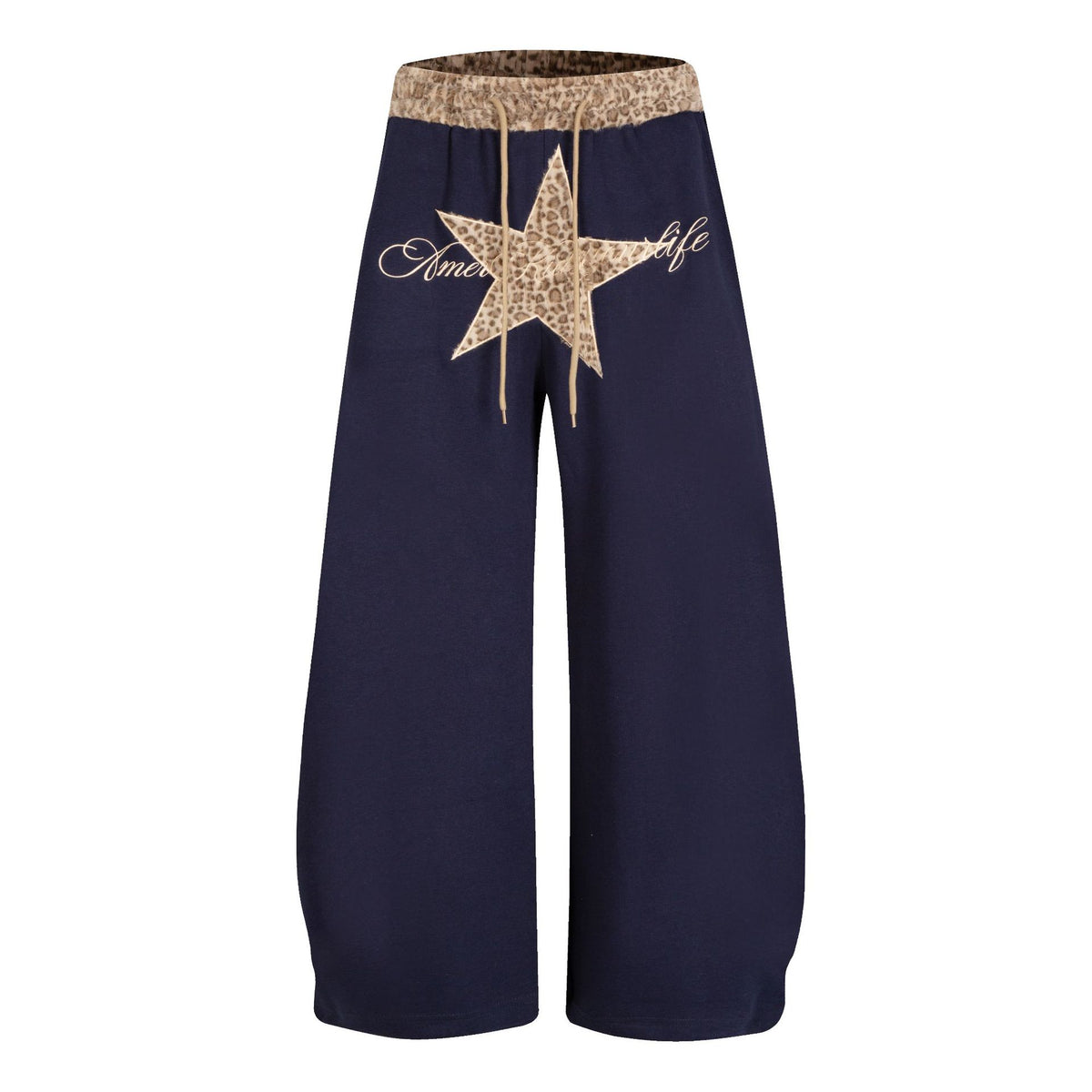 Print Waistband Wide-Leg Sweatpants Star Letter Embroidery Elastic Waist Casual Drapey Curved Leg Pants