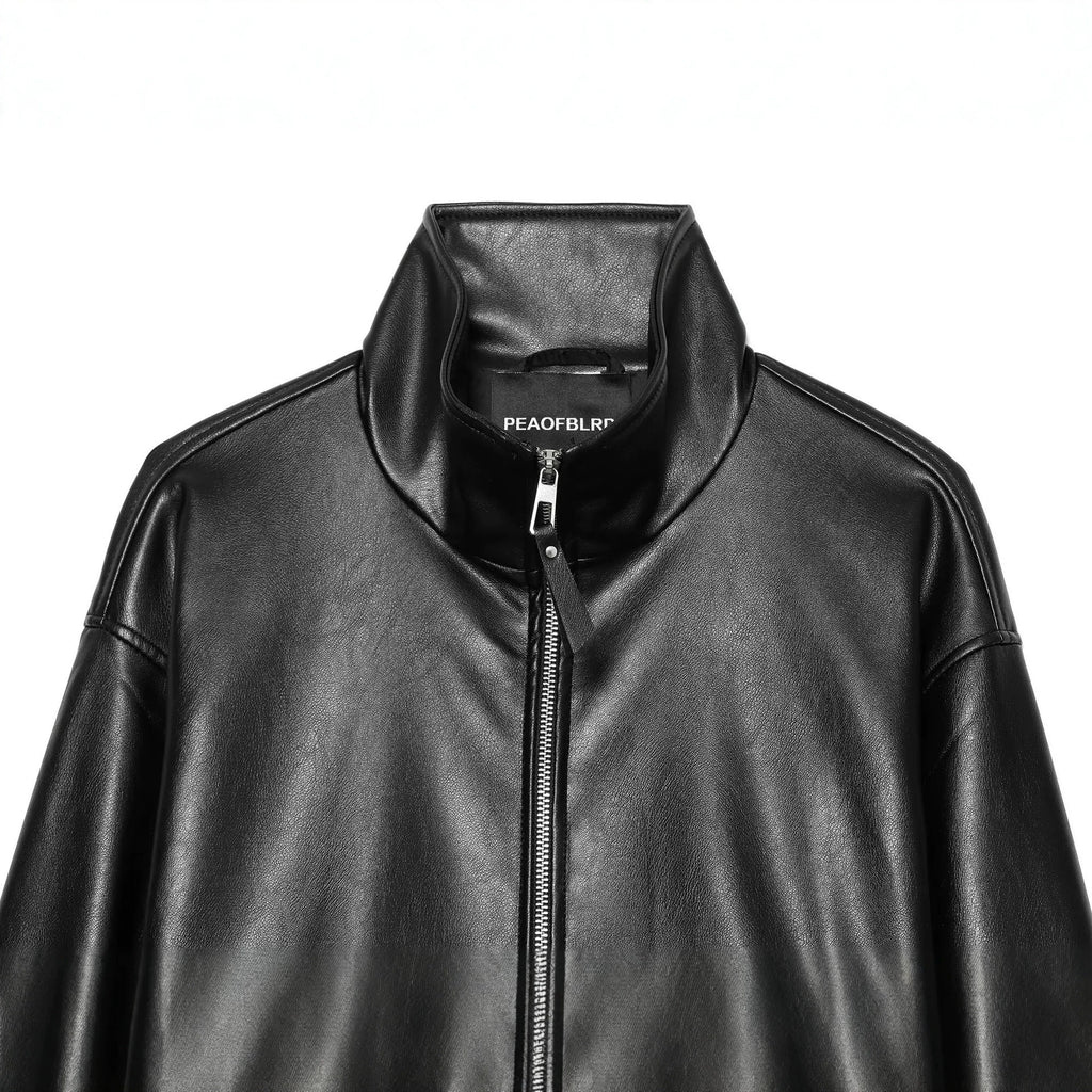 Pocket zipper stand up collar long sleeved leather jacket for women