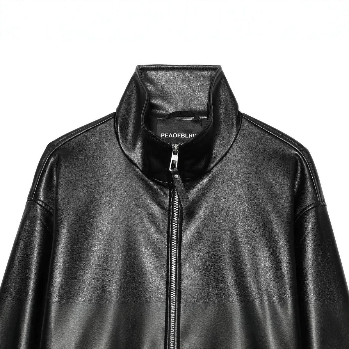 Pocket zipper stand up collar long sleeved leather jacket for women