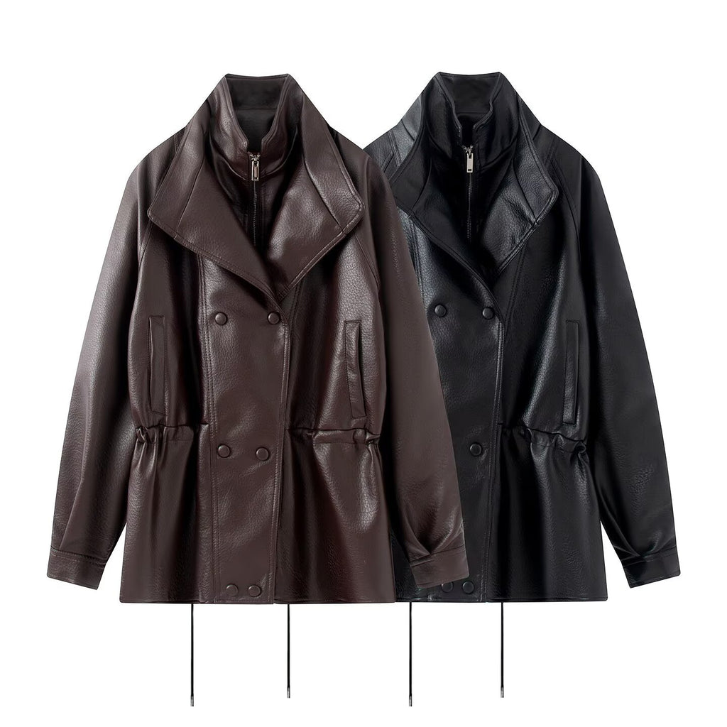 Double layered collar drawstring waist cinching double row button leather jacket for women