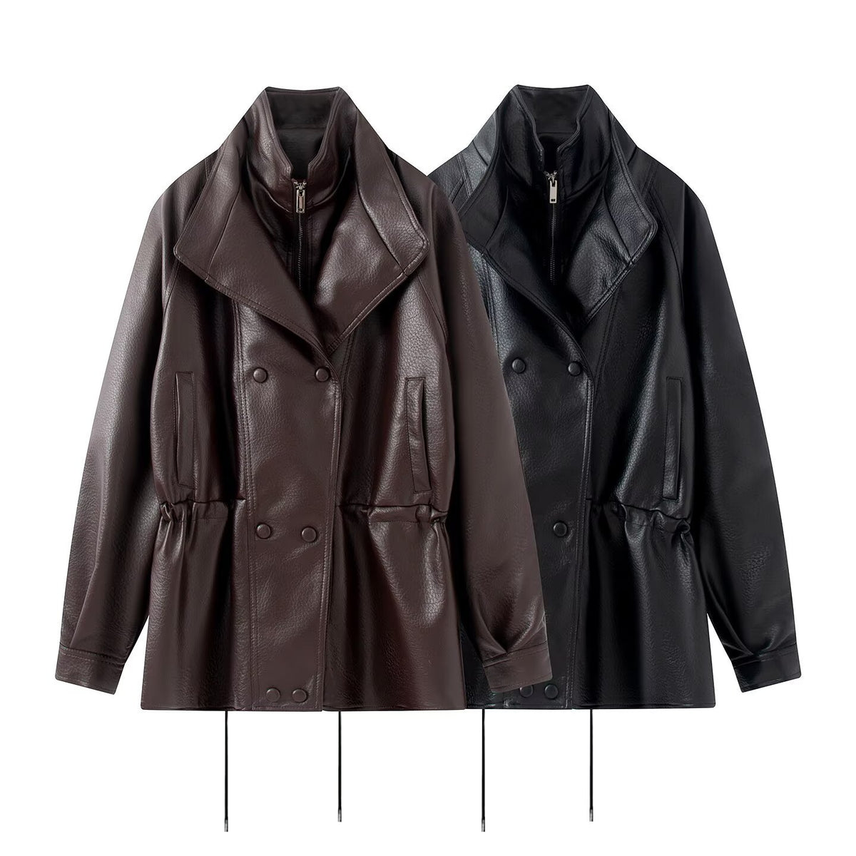 Double layered collar drawstring waist cinching double row button leather jacket for women
