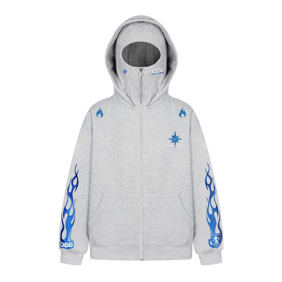Embroidered Zip-Up Hoodie Jacket with Face Covering Hood for Men Women