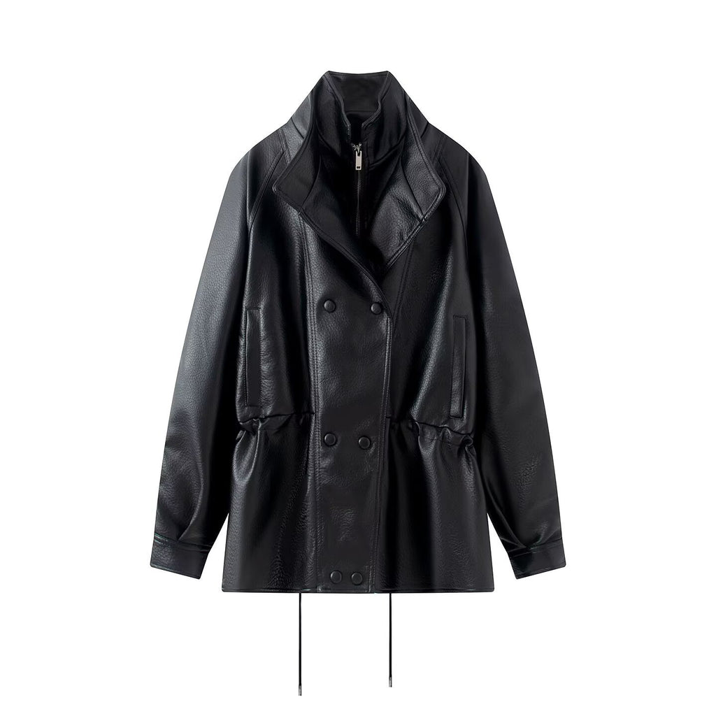 Double layered collar drawstring waist cinching double row button leather jacket for women