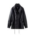 Double layered collar drawstring waist cinching double row button leather jacket for women
