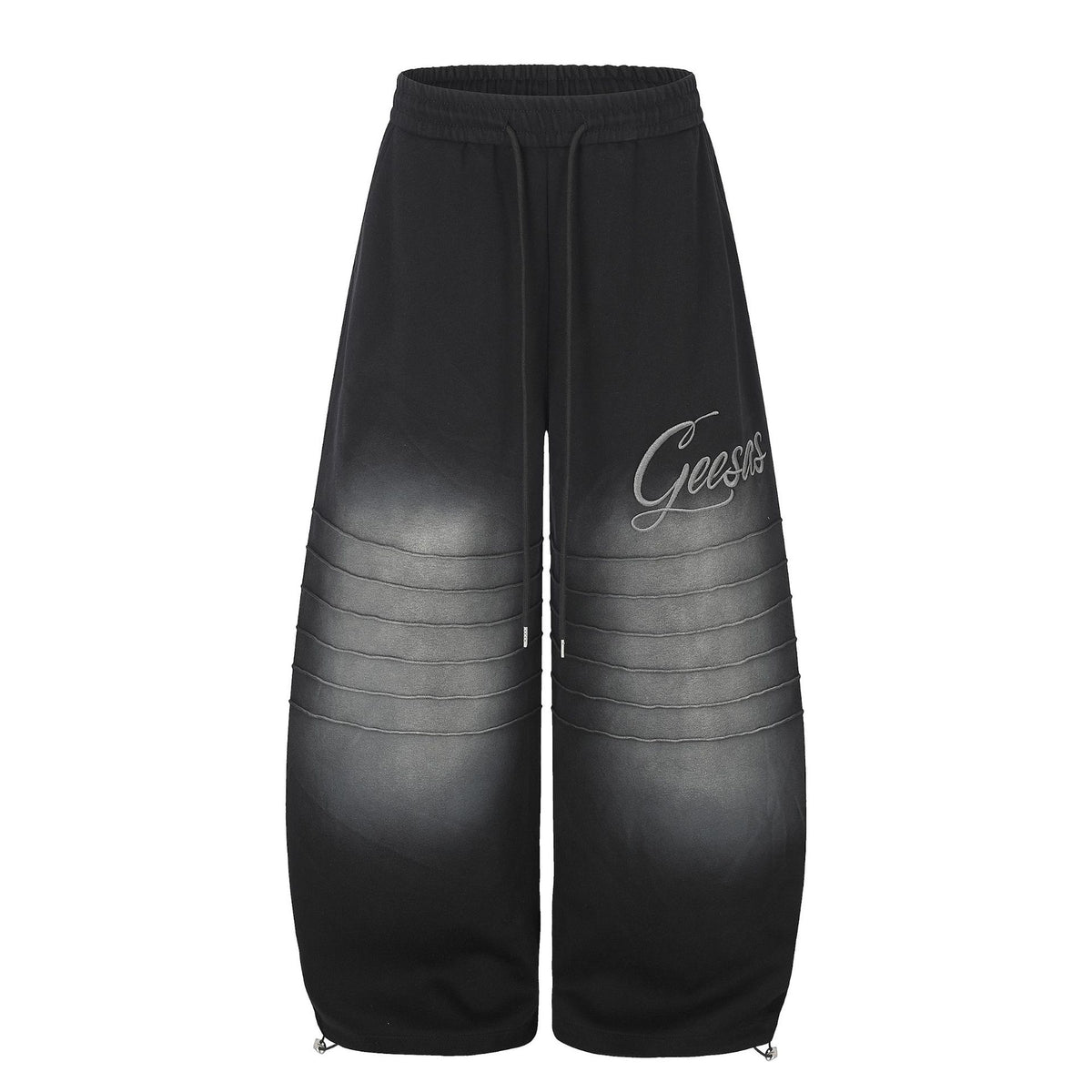 Gradient Distressed Pleated Letter Embroidery Drawstring Wide Leg Sweatpants