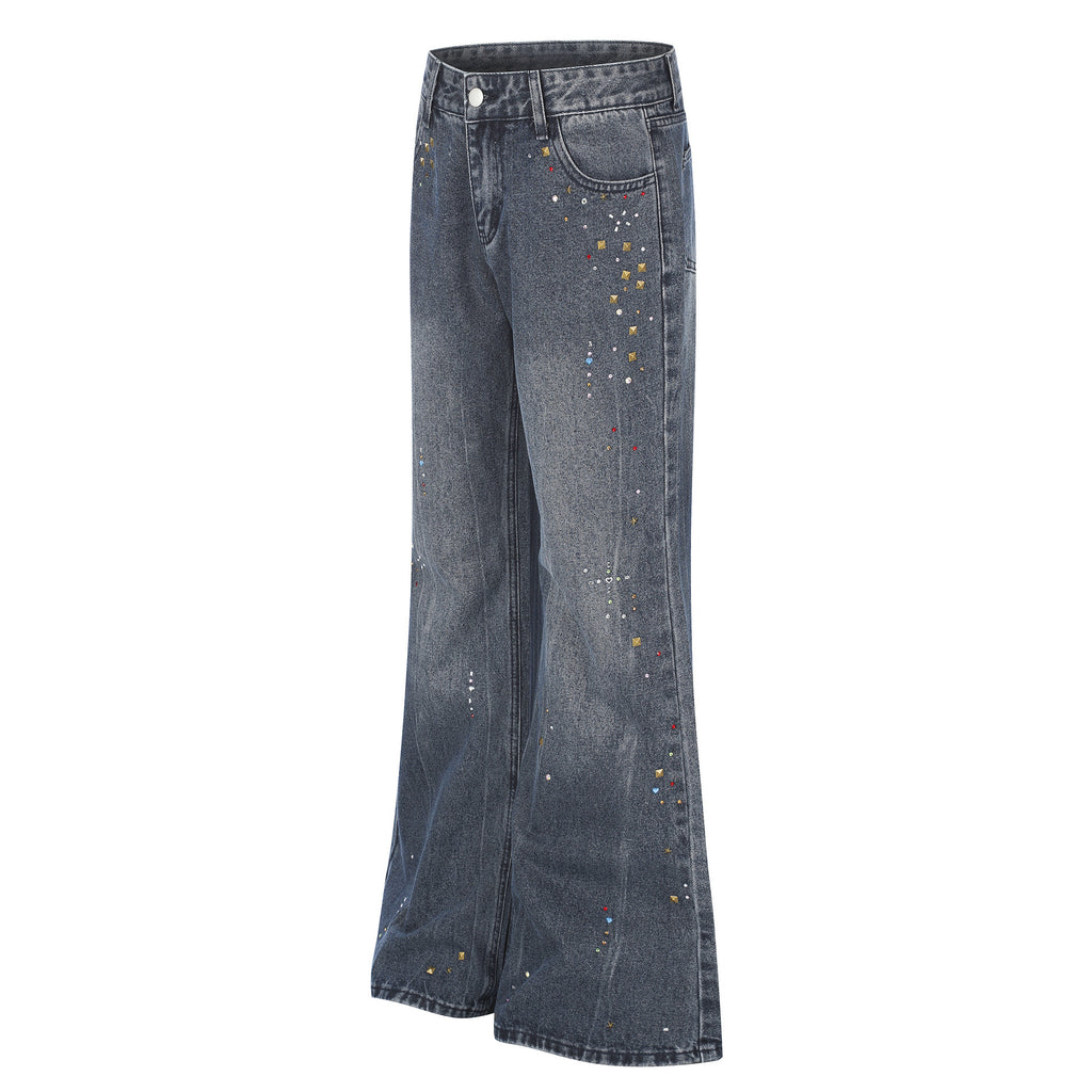 Distressed Wash Rhinestone High Waist Micro Flare Jeans for Women