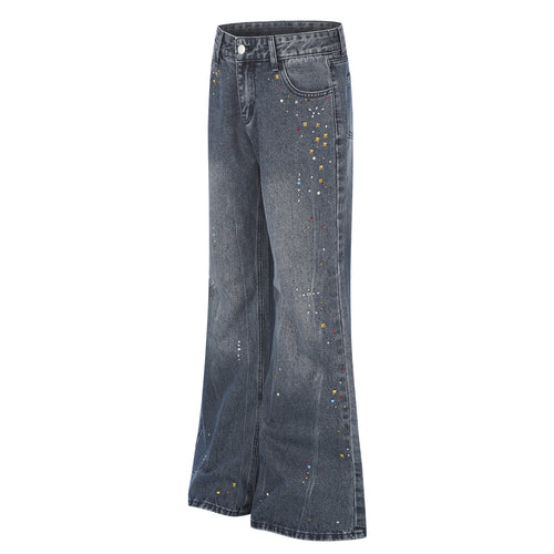 Distressed Wash Rhinestone High Waist Micro Flare Jeans for Women