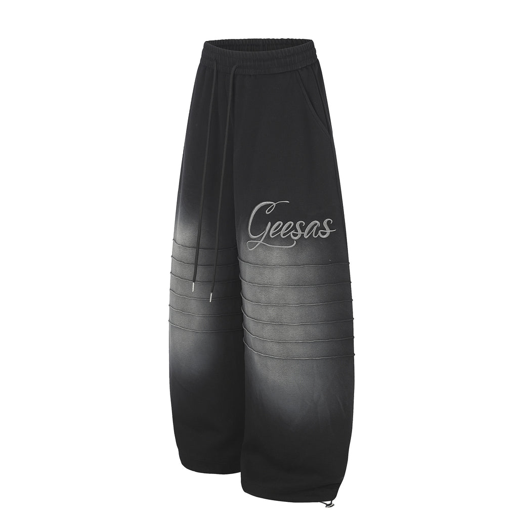Gradient Distressed Pleated Letter Embroidery Drawstring Wide Leg Sweatpants