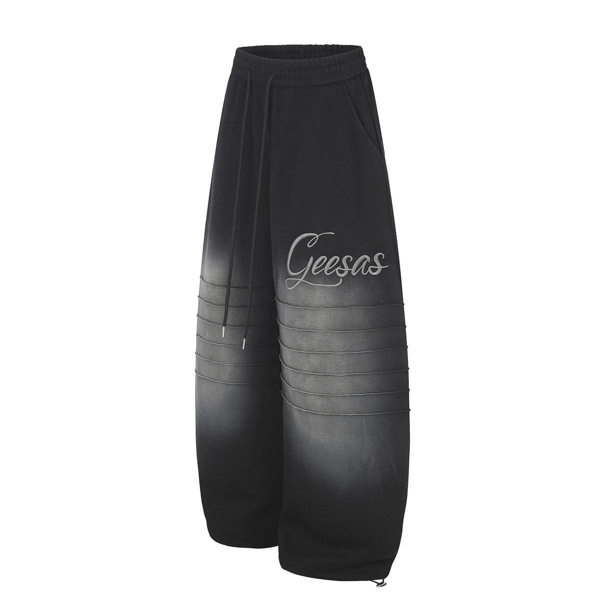 Gradient Distressed Pleated Letter Embroidery Drawstring Wide Leg Sweatpants