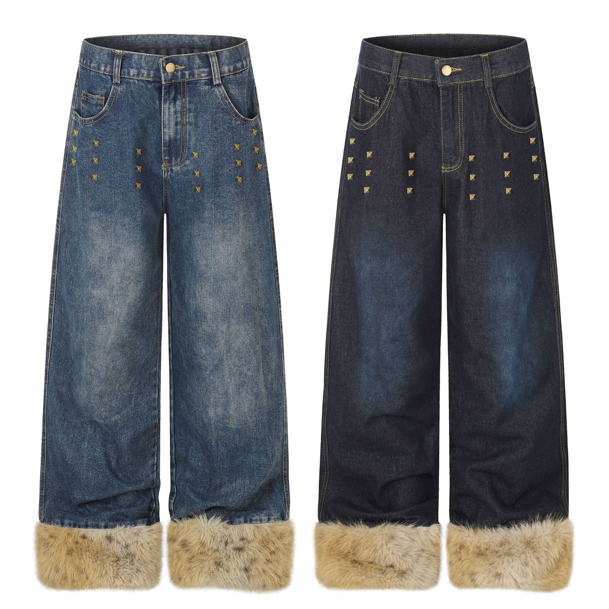 Jeans a Gamba Larga Vita Alta Distressed con Rivetti – Donna