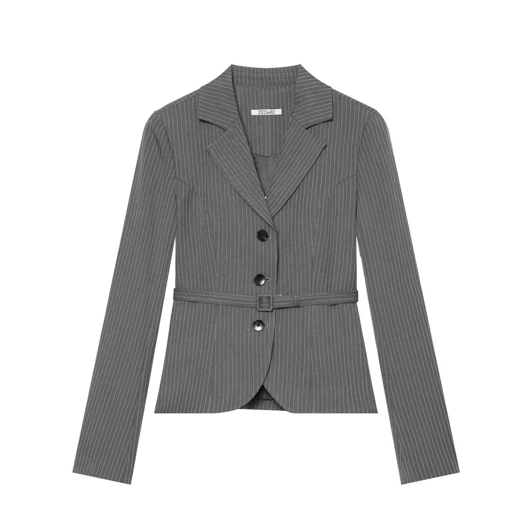 Single breasted striped lapel suit jacket for women