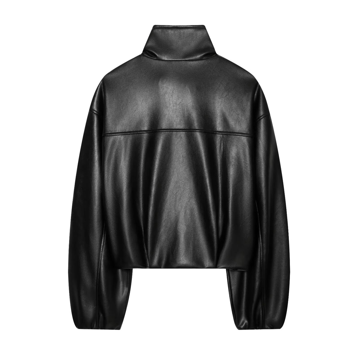Pocket zipper stand up collar long sleeved leather jacket for women