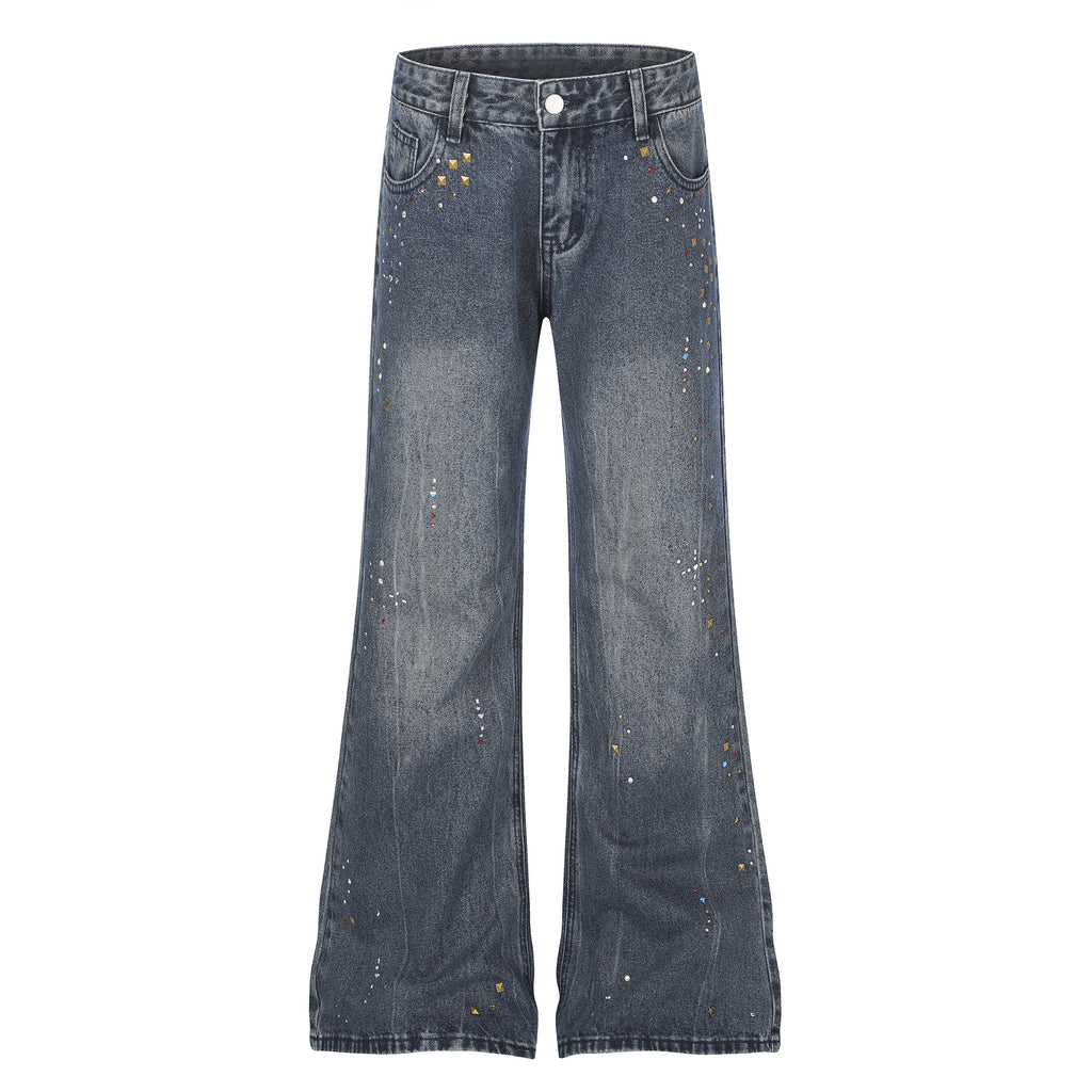 Distressed Wash Rhinestone High Waist Micro Flare Jeans for Women