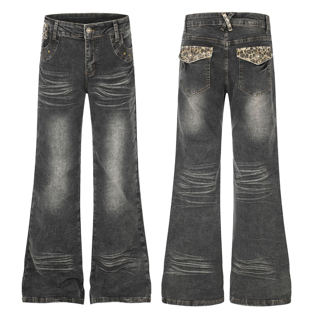 High Waist Denim Flare Jeans with Leopard Patchwork