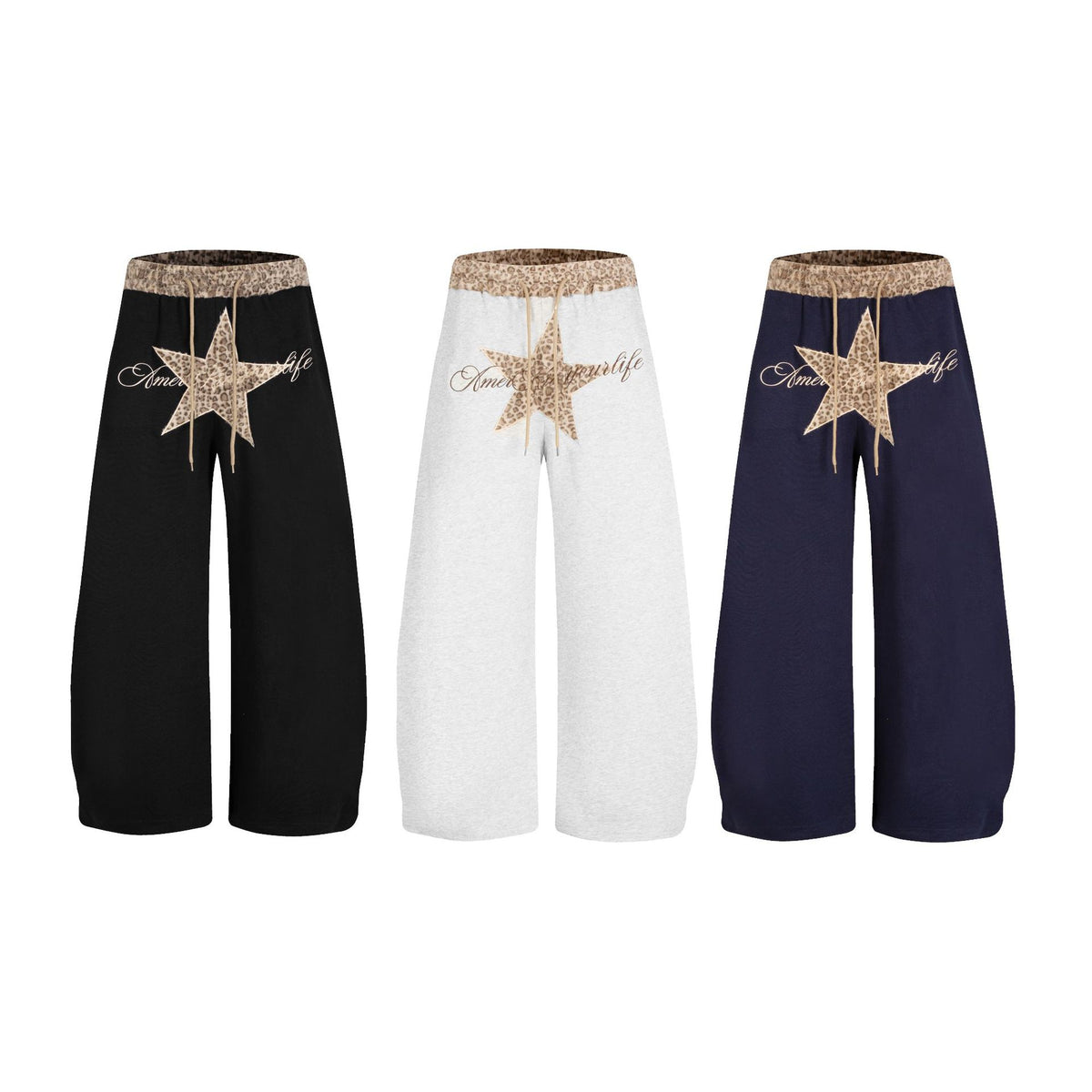 Print Waistband Wide-Leg Sweatpants Star Letter Embroidery Elastic Waist Casual Drapey Curved Leg Pants