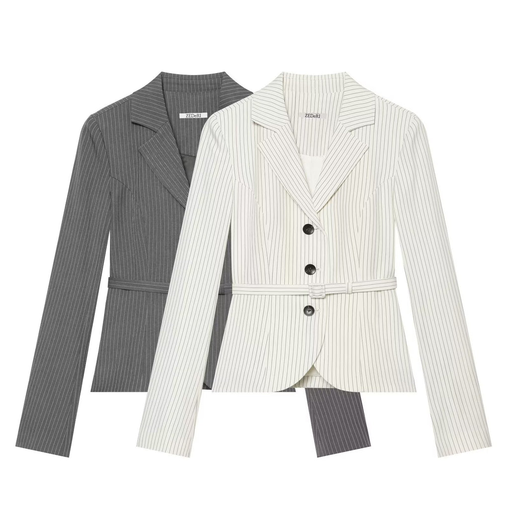 Single breasted striped lapel suit jacket for women