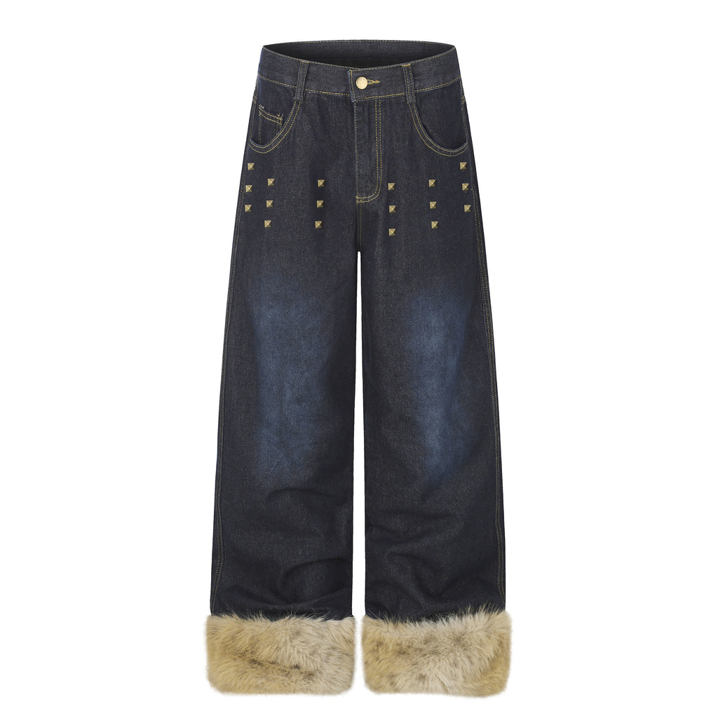 Jeans a Gamba Larga Vita Alta Distressed con Rivetti – Donna