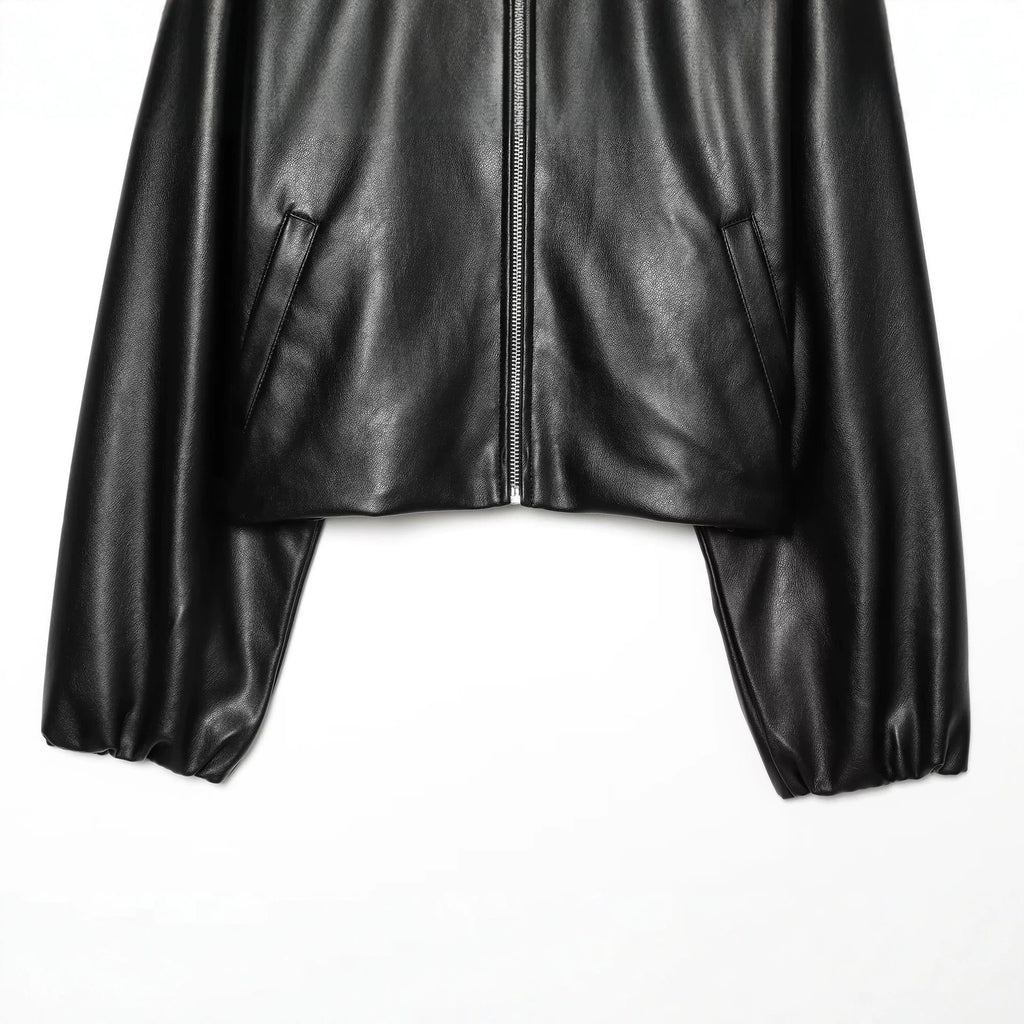 Pocket zipper stand up collar long sleeved leather jacket for women