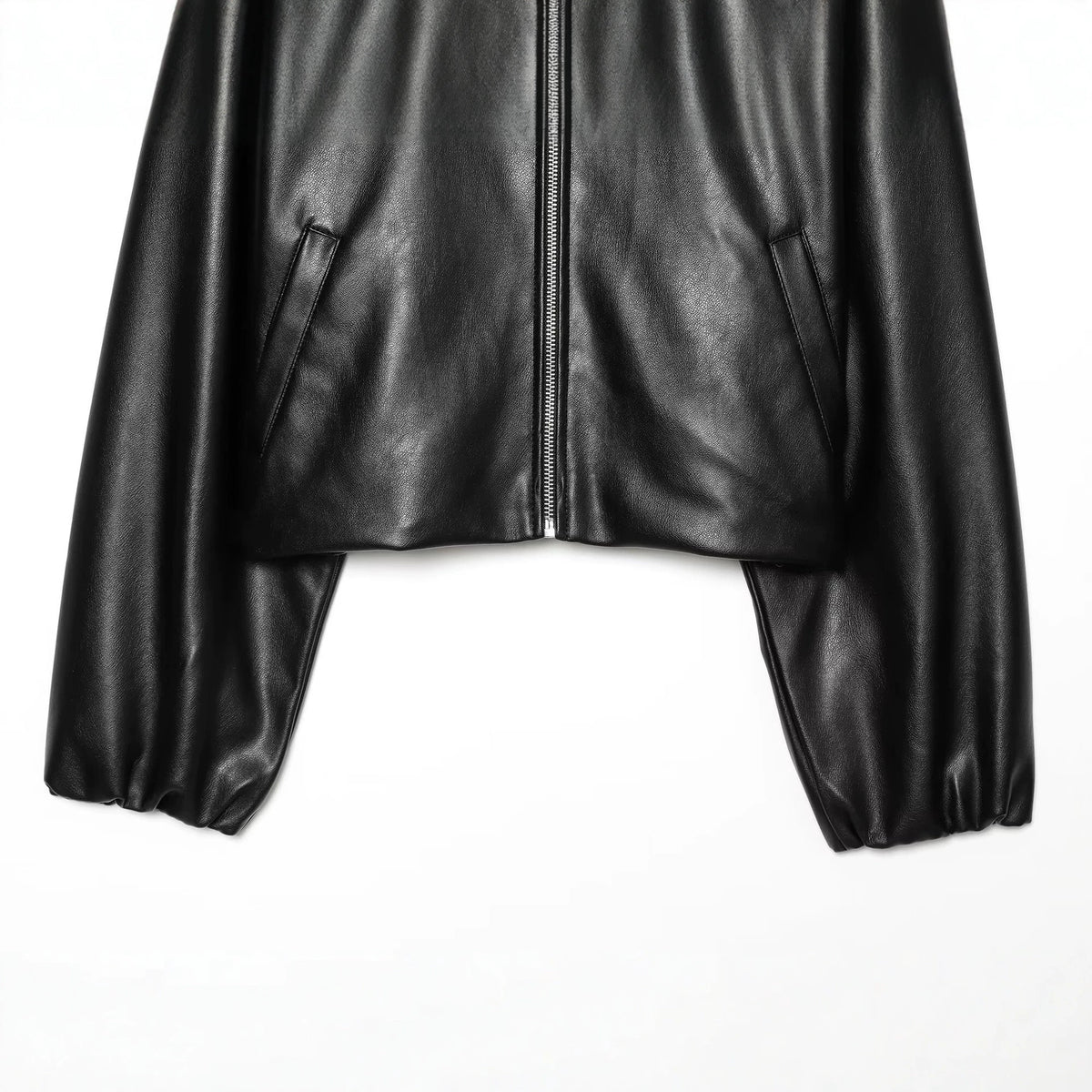 Pocket zipper stand up collar long sleeved leather jacket for women