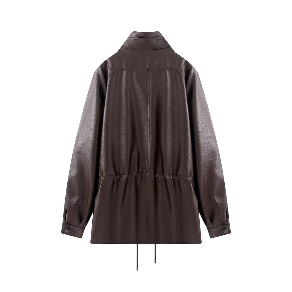 Double layered collar drawstring waist cinching double row button leather jacket for women