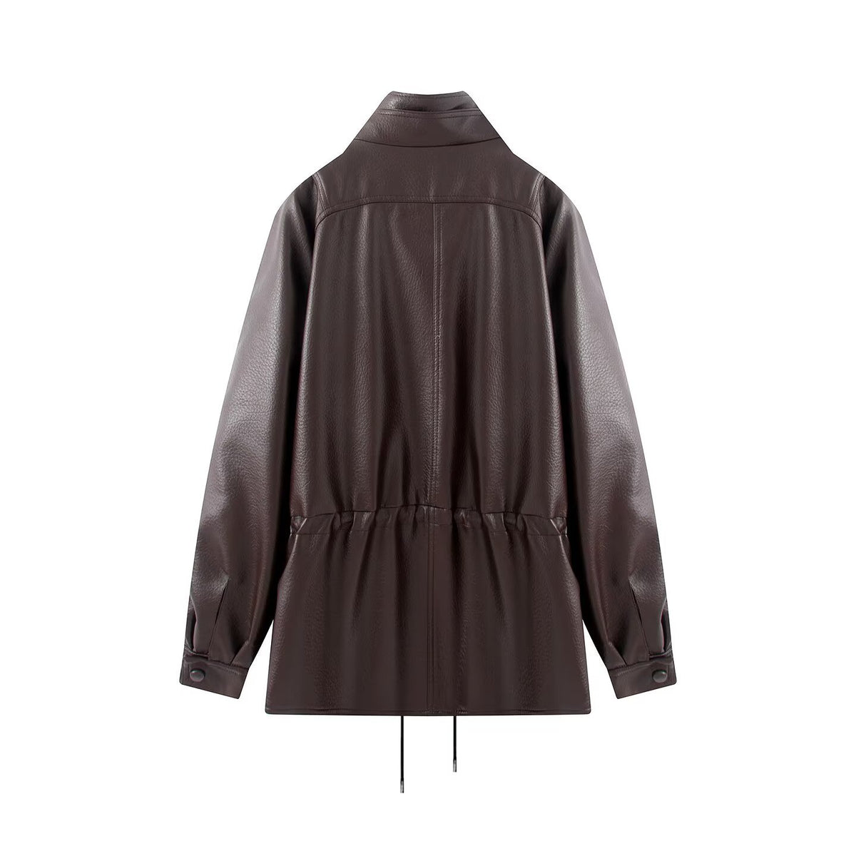 Double layered collar drawstring waist cinching double row button leather jacket for women