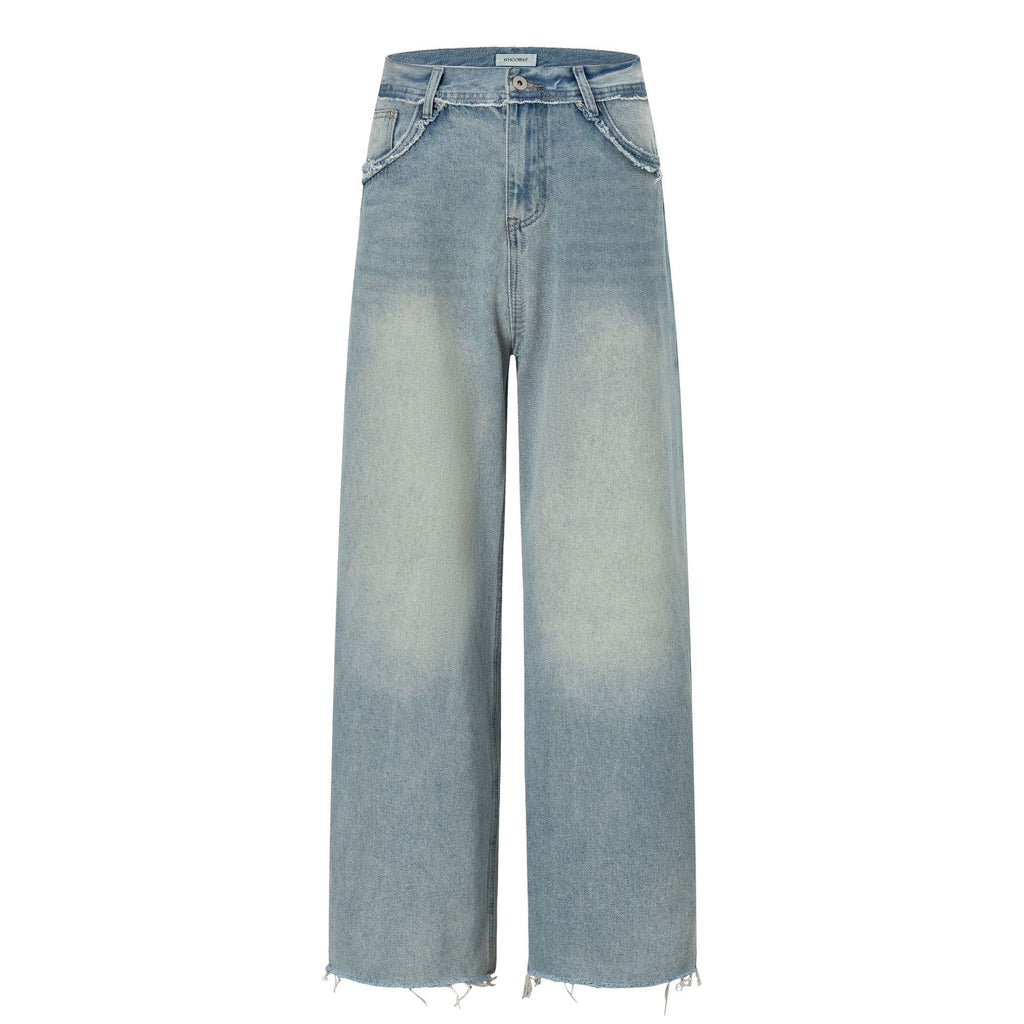Wide Leg Denim Pants with Exposed Waist and Distressed Faded Finish